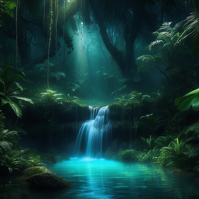 You Are The Key artwork, a glowing rainforest waterfall